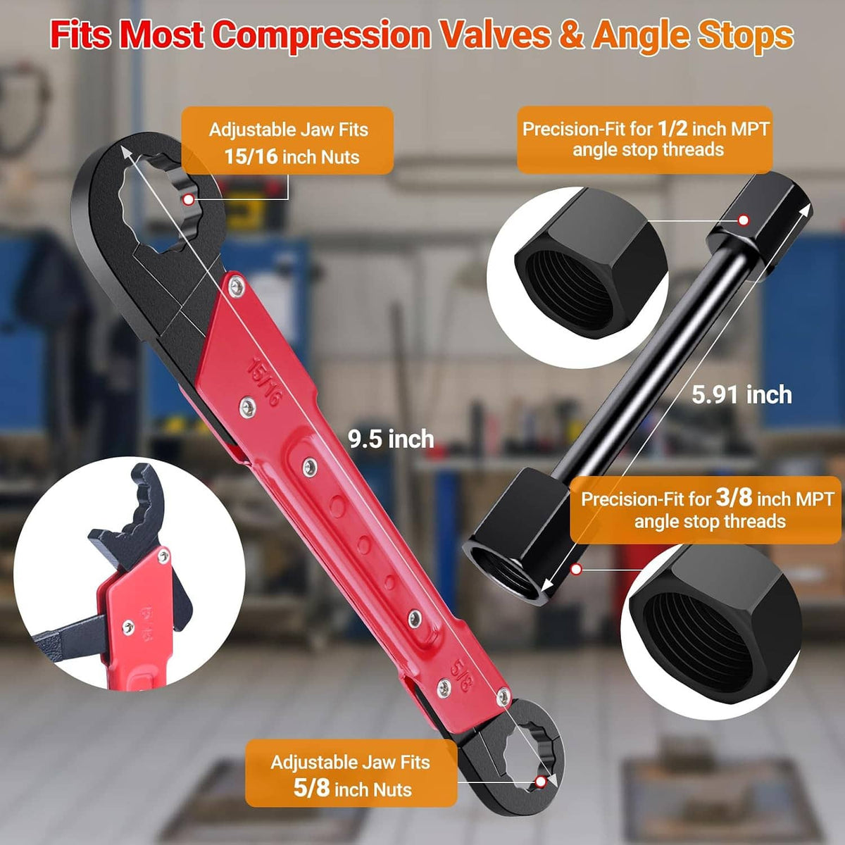 Red and black angle stop wrench with adjustable jaw and two threaded fittings
