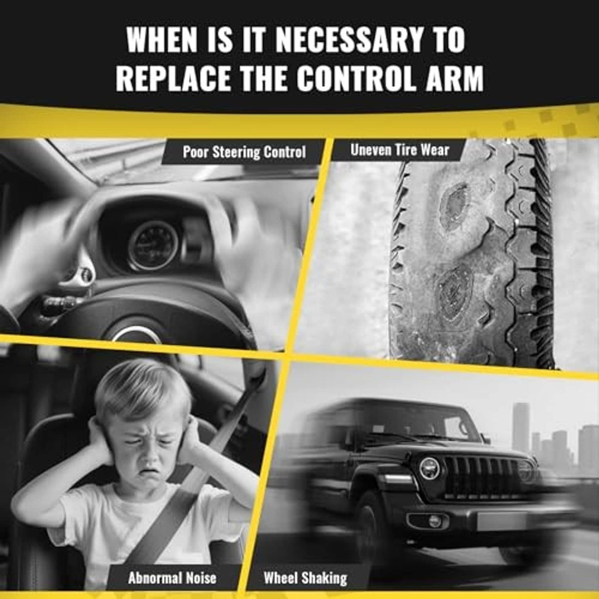Control arm replacement information graphic showing common symptoms and vehicles