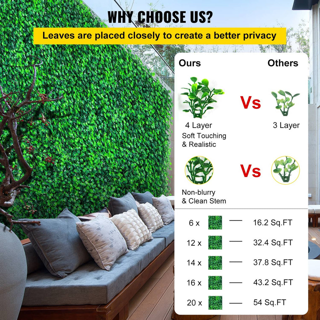 Artificial boxwood hedge panel wall section with dense layered green foliage