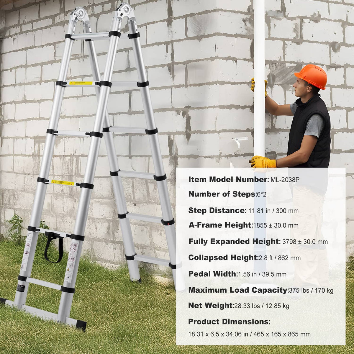Aluminum A-frame telescopic ladder with black feet and side support bar