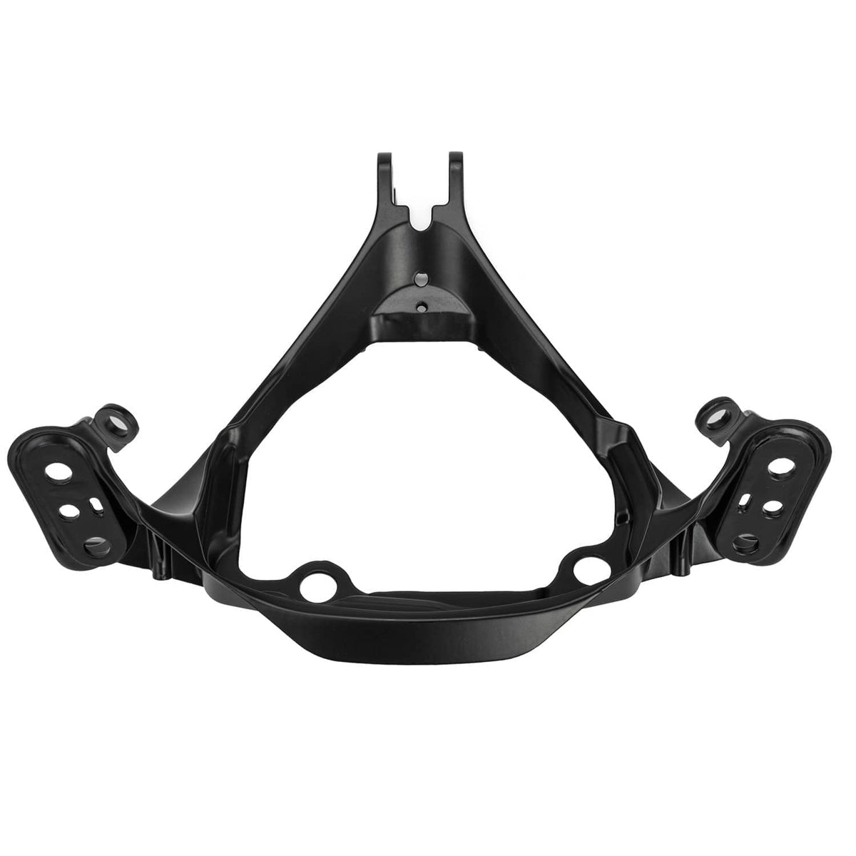 Black front headlight upper stay fairing bracket with mounting tabs and holes