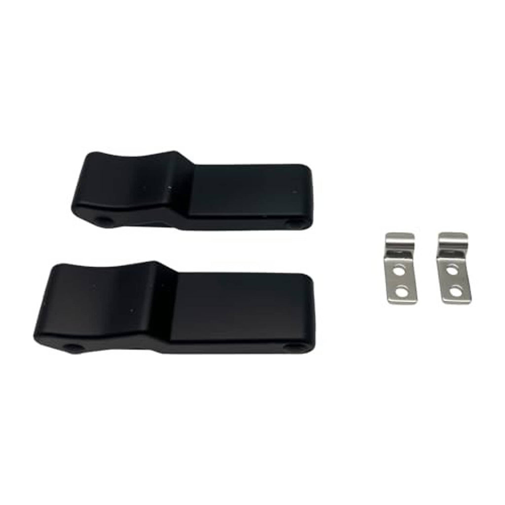 Two black rubber latch covers with two silver mounting brackets for storage rack