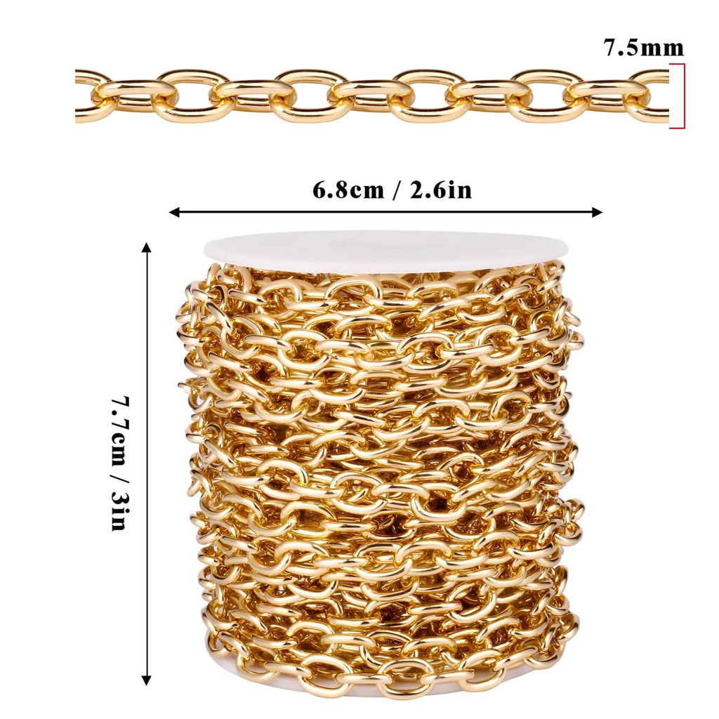Gold rolo cable chain roll showing 7.5mm width and link chain length measurement