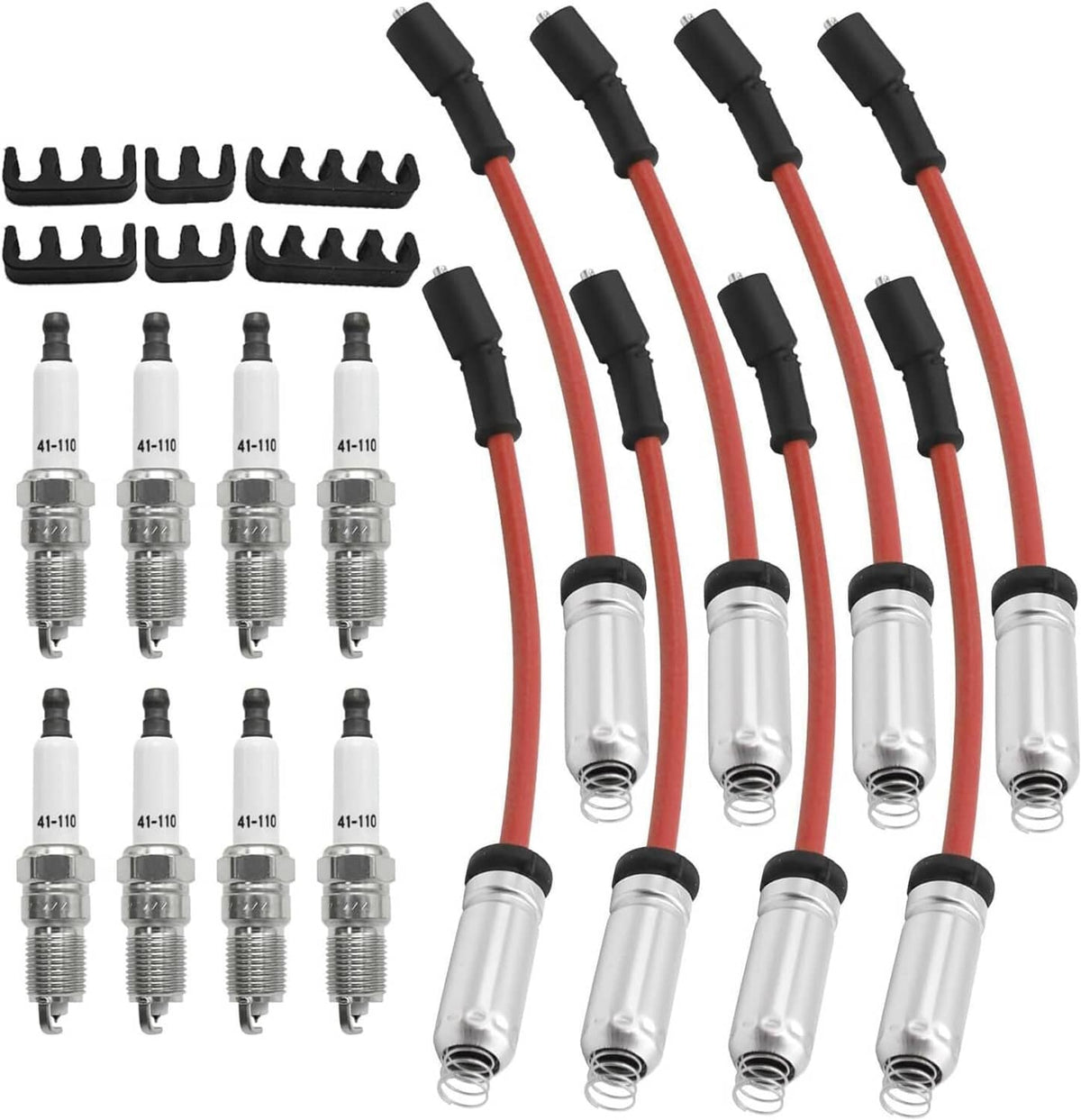 Close-up spark plug wire set with red leads, black boots, and metal spark plugs