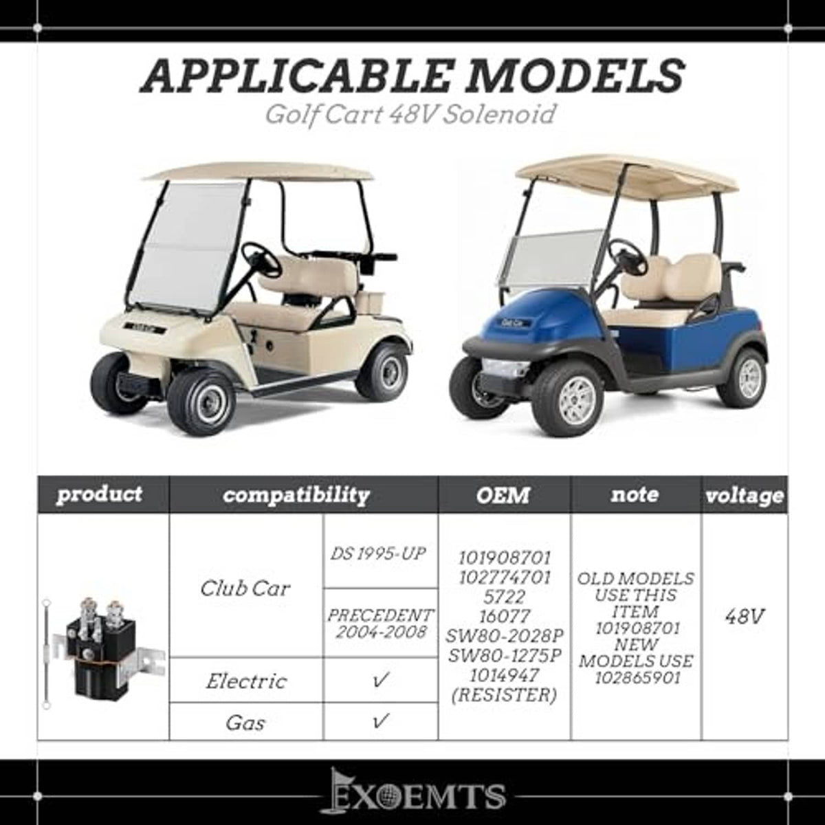 48V solenoid compatibility chart with small solenoid illustration for golf cart models