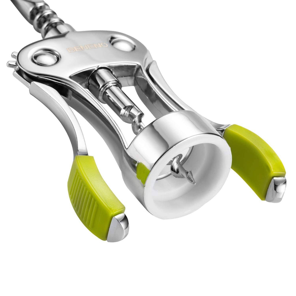 Close-up of chrome wing corkscrew with green grip covers and screw barrel