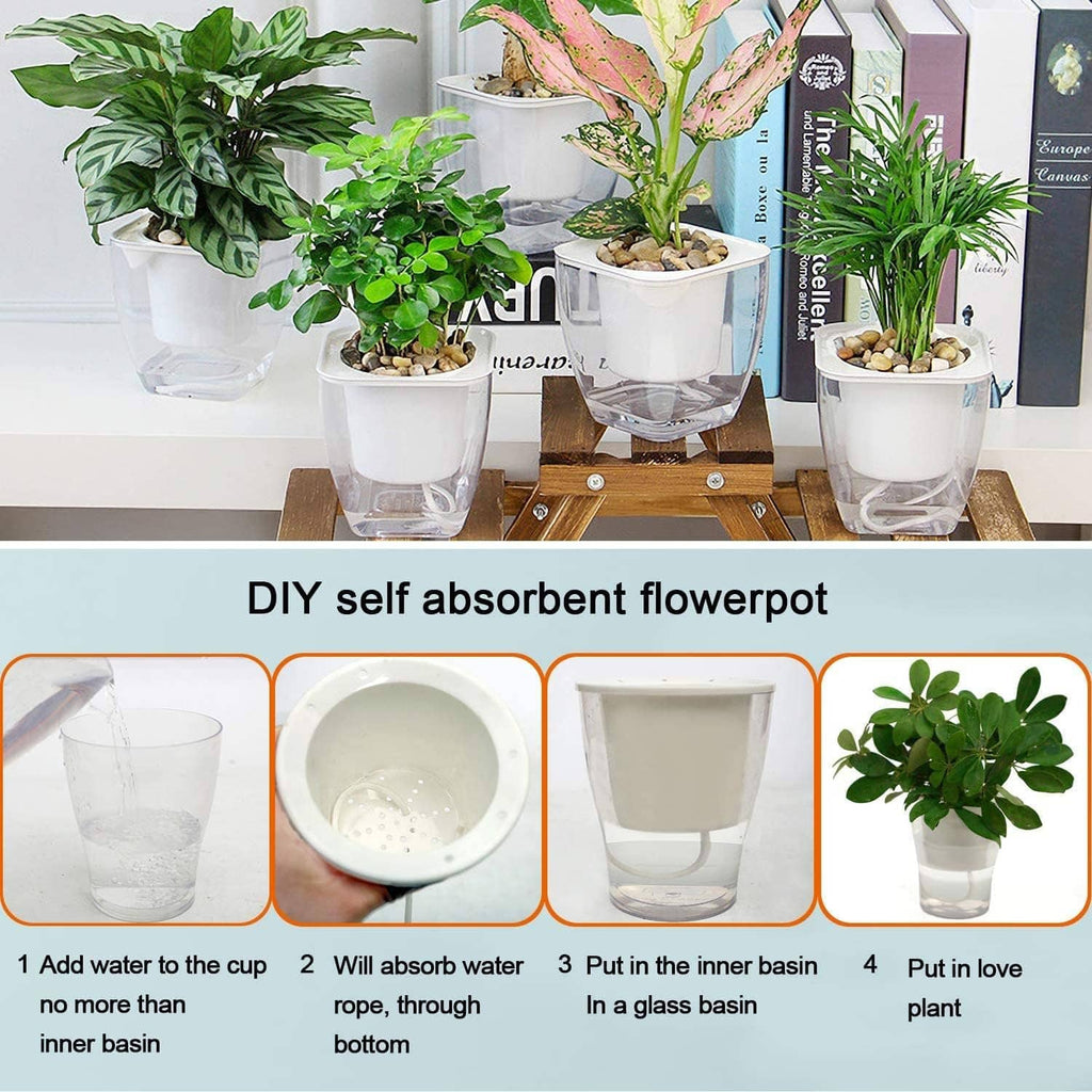 DIY self-watering planter setup using white cotton wick cord string