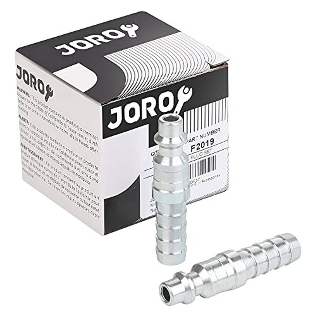 Industrial air plug fitting with 3/8 hose barb, shown with retail box and spare part