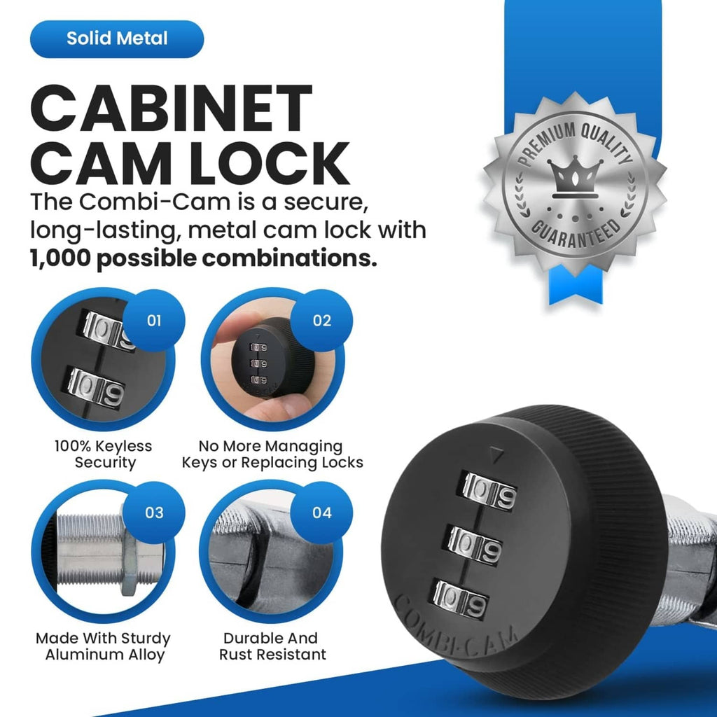 Black cabinet cam lock with three-number keyless combination dial face