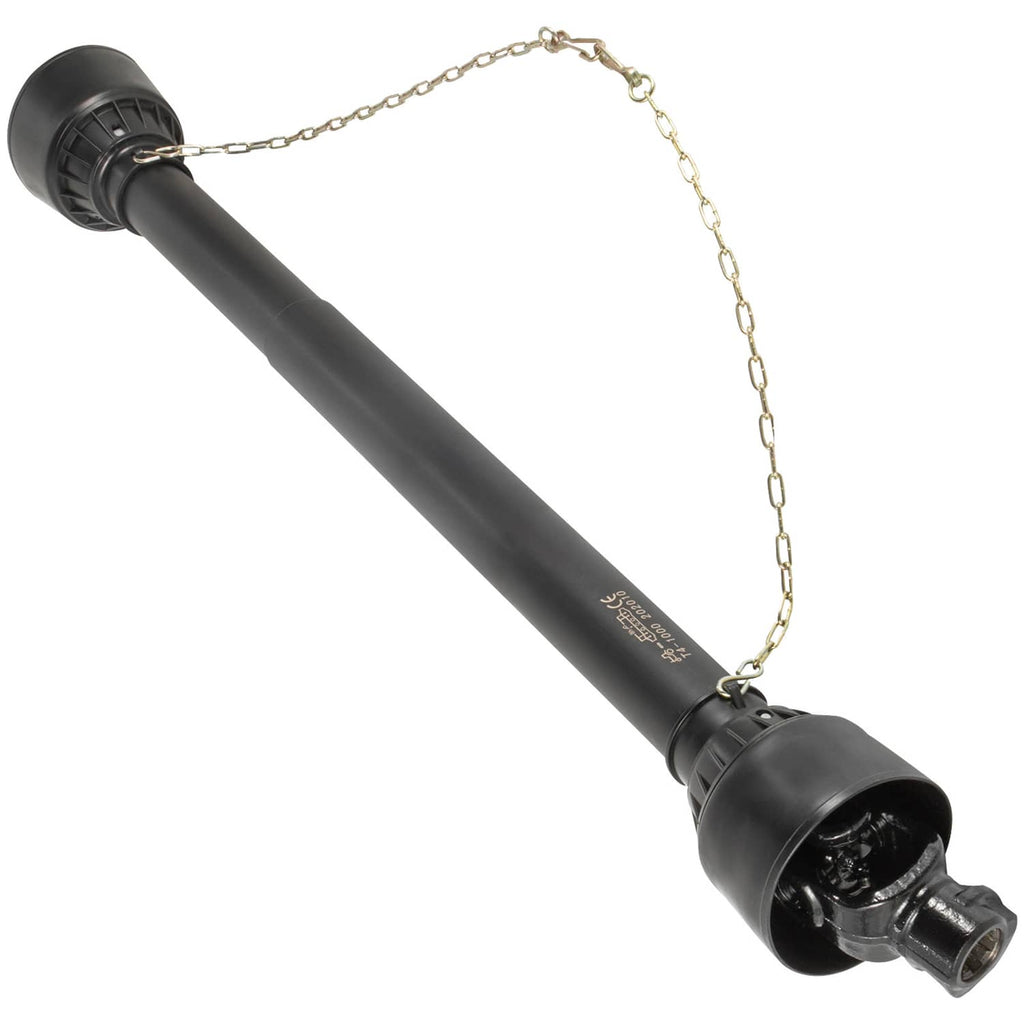 PTO drive shaft with safety chain looped to end yokes