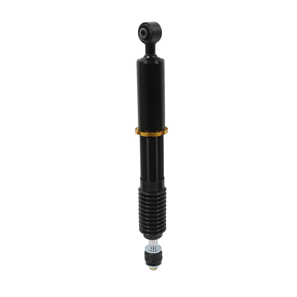 Single coilover strut with red spring, black body, and gold collar detail
