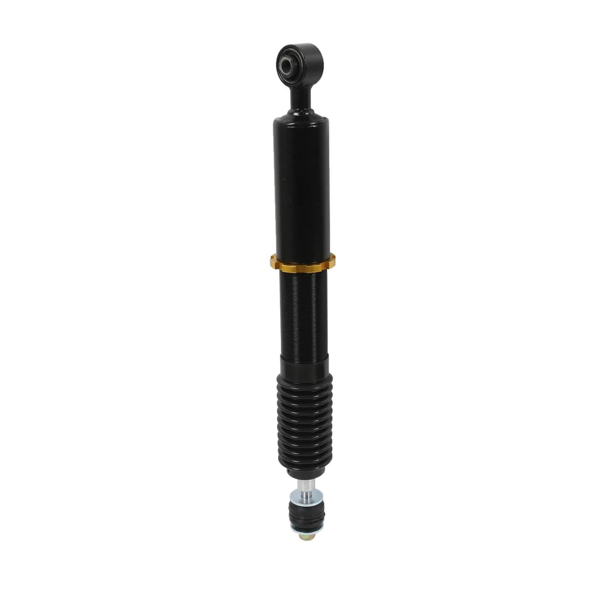 Single coilover strut with red spring, black body, and gold collar detail