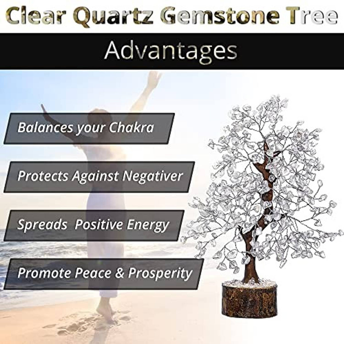 Clear quartz crystal tree with delicate crystal branches and round wooden base