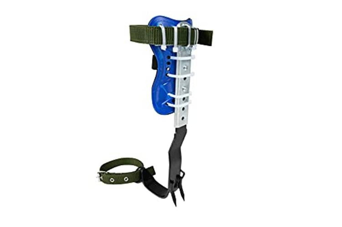 Single tree climbing spikes harness belt with blue pad, black straps, and green adjustment belt