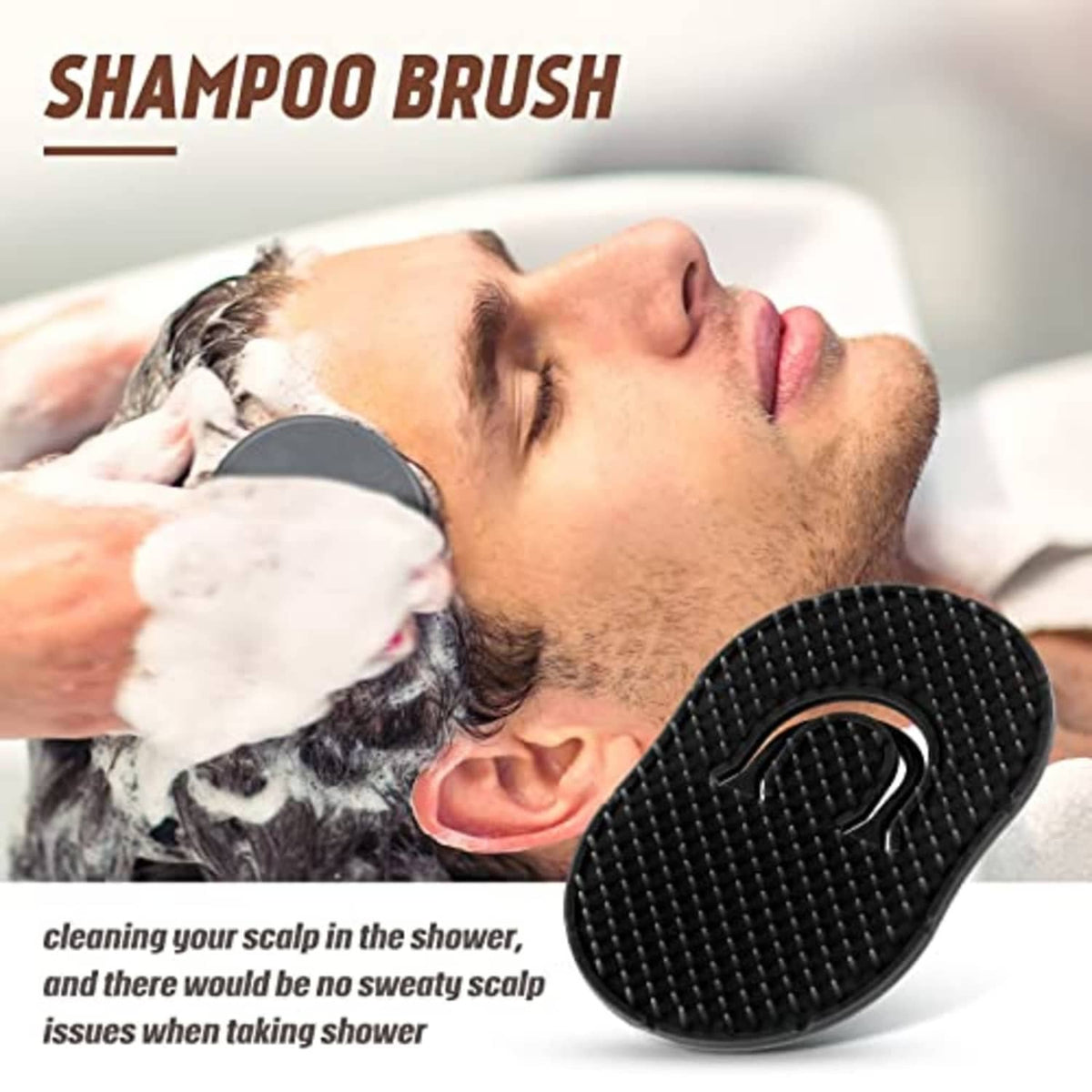 Black scalp brush finger comb with curved loop and dense bristles for shower use.