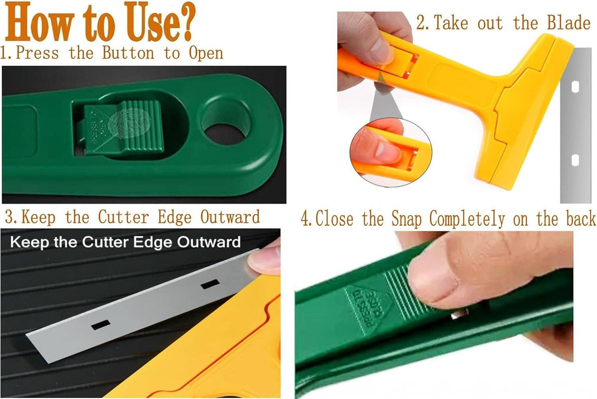 Yellow razor blade scraper tool with snap-in blade and held in hand