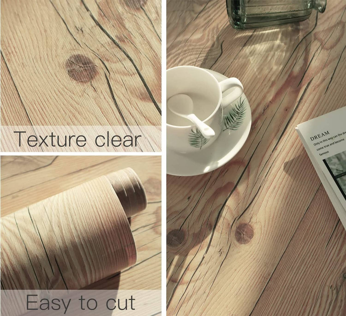 Wood contact paper roll showing a clear textured wood plank pattern