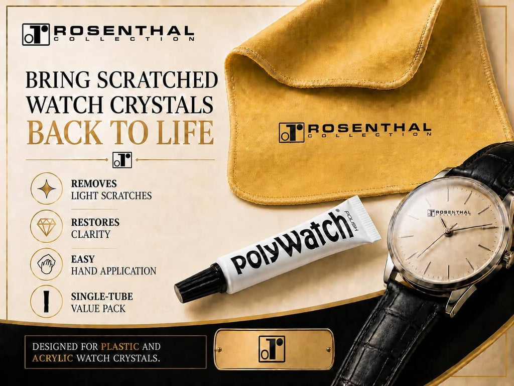 PolyWatch tube and golden microfiber cloth beside a round plastic watch