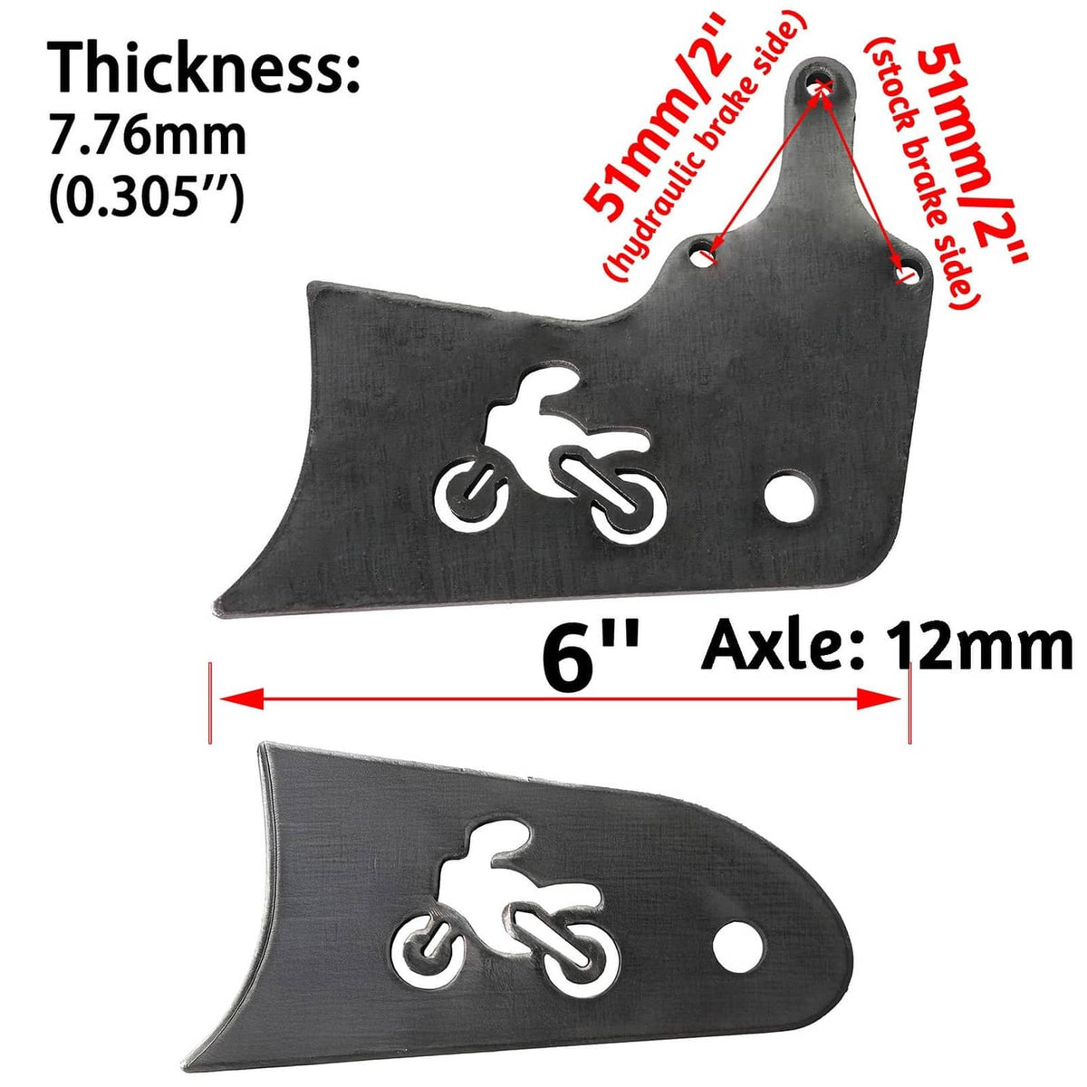 Black extension tab with bicycle icon showing 6-inch width and 12mm axle measurement