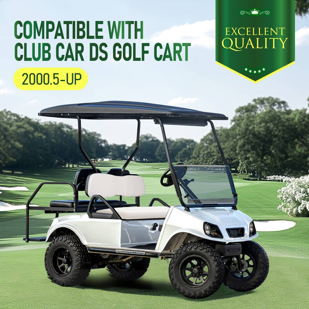 White seat backrest and cushion on a golf cart, front view
