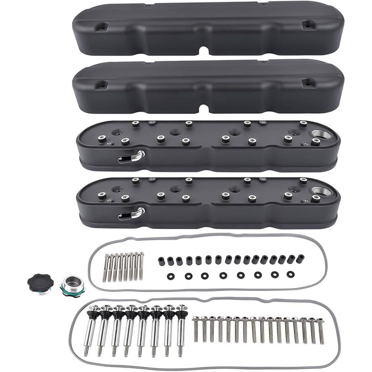 Black valve covers set with coil-mount plates and mounting hardware