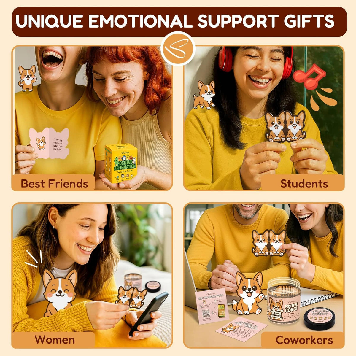 Positive corgi cards and gift packaging held by people smiling together