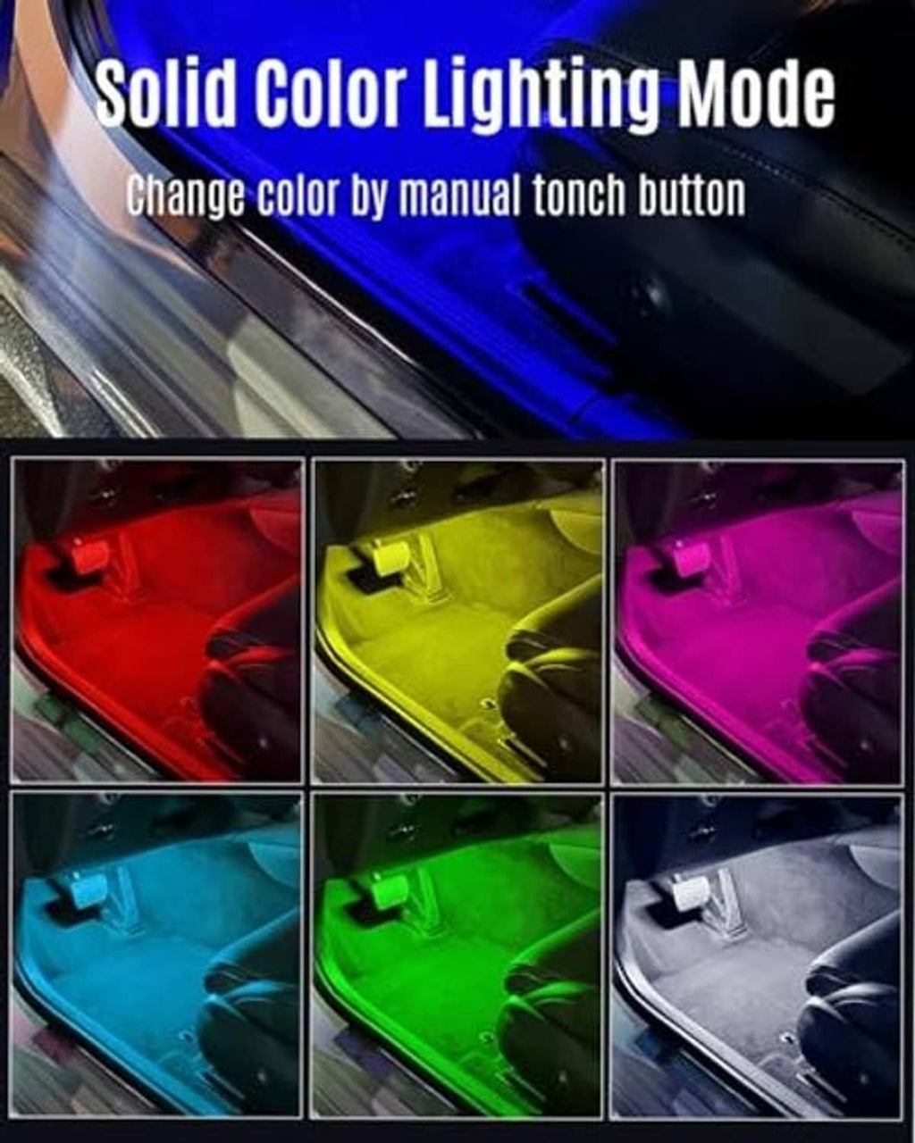 Car interior LED neon light bar showing multiple solid color lighting states