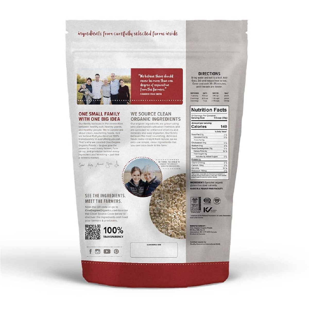 Sprouted steel cut oats back pouch with ingredient text, certification icons, and nutrition panel
