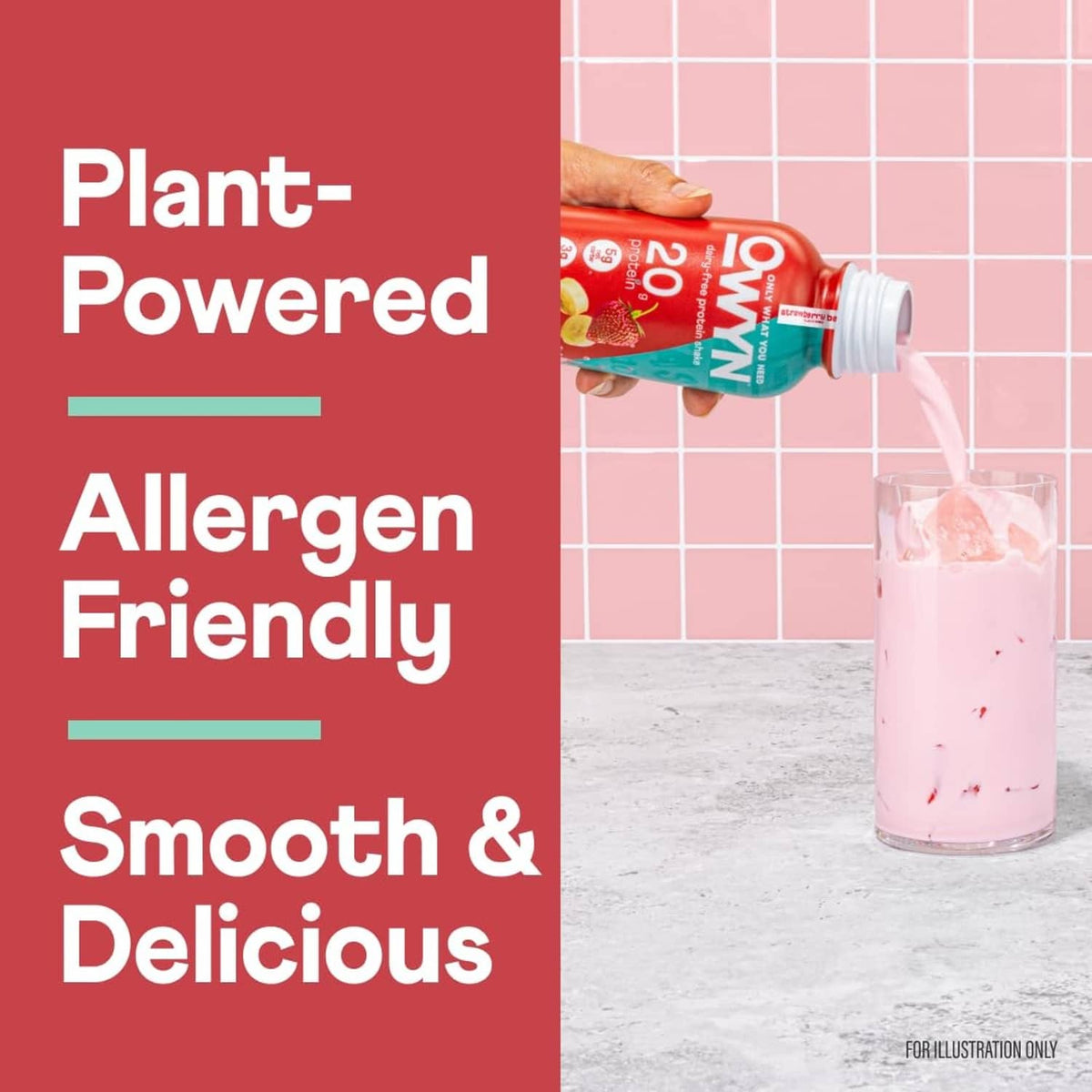 OWYN strawberry banana protein shake bottle pouring into a glass, dairy-free
