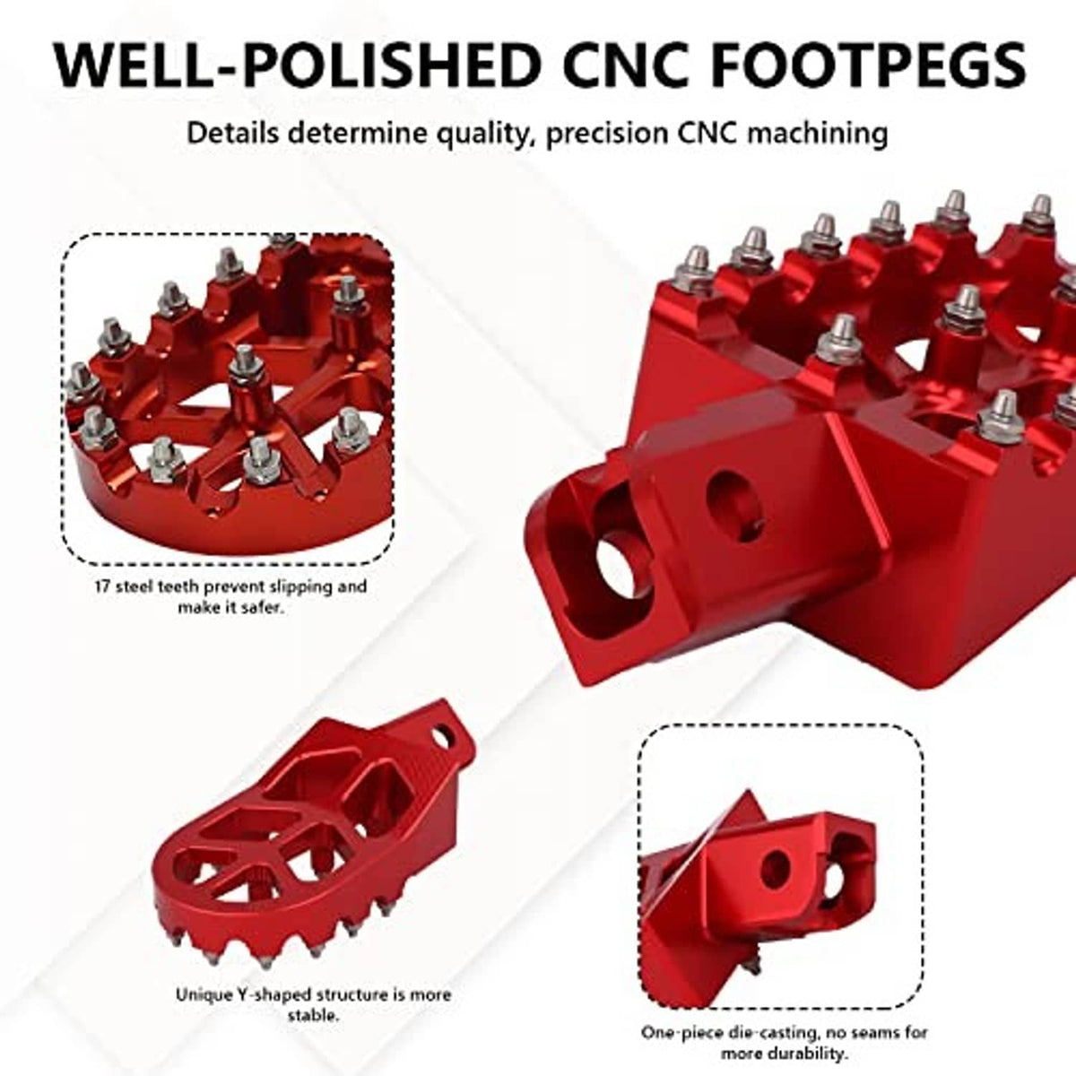 Red CNC foot pegs with silver screw-in teeth and curved grip platform