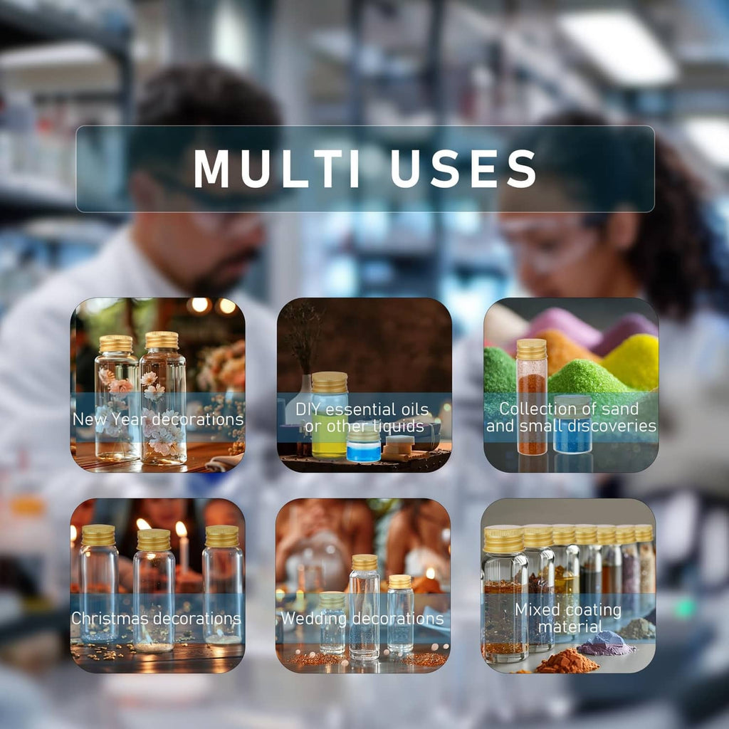 Multiple clear glass sample vials with gold screw caps, arranged in rows