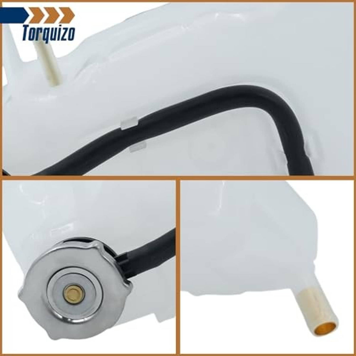 White coolant reservoir tank with black hose and metal cap, close-up