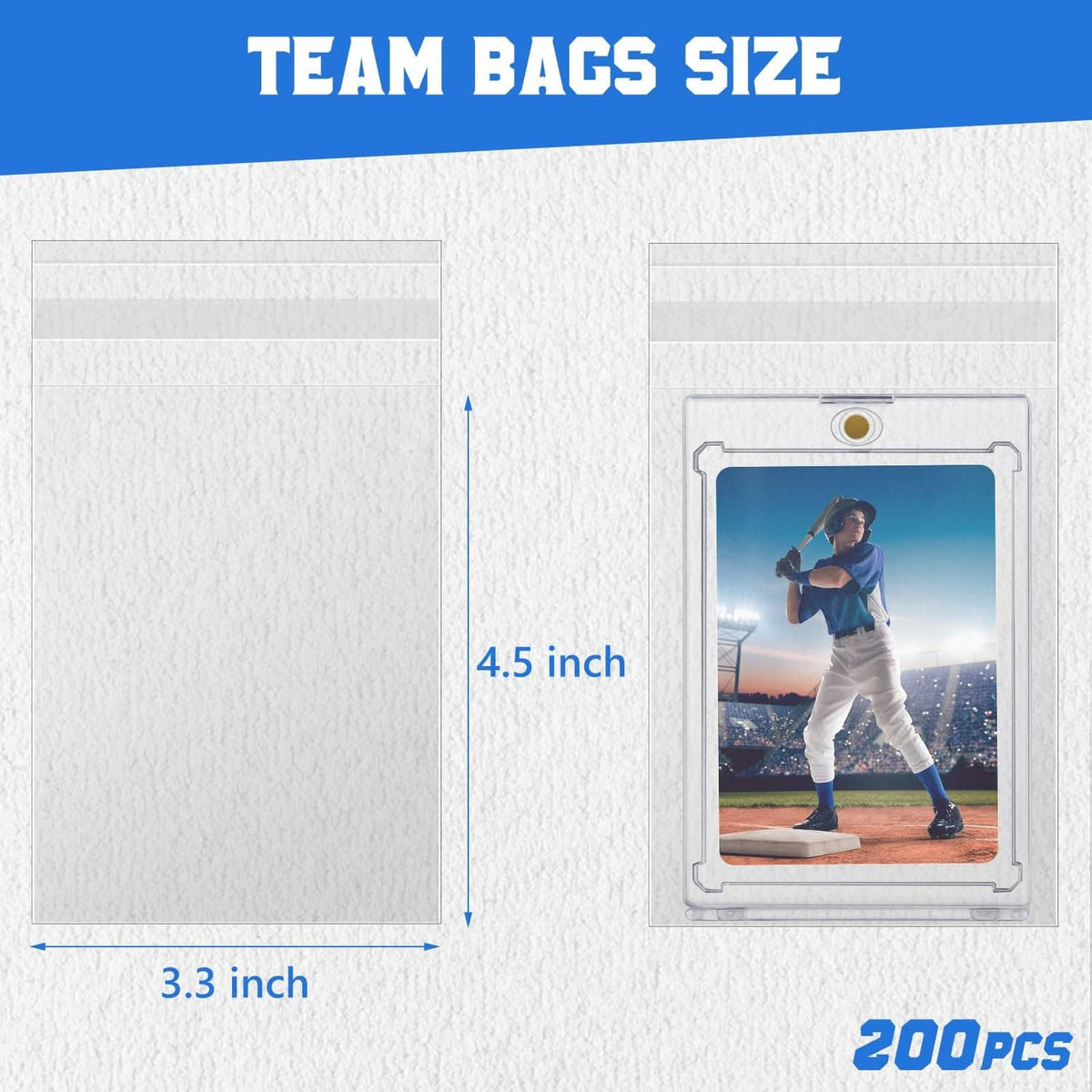 Trading card team bags size chart, 3.3 x 4.5 inch sleeves with 4.5 inch height