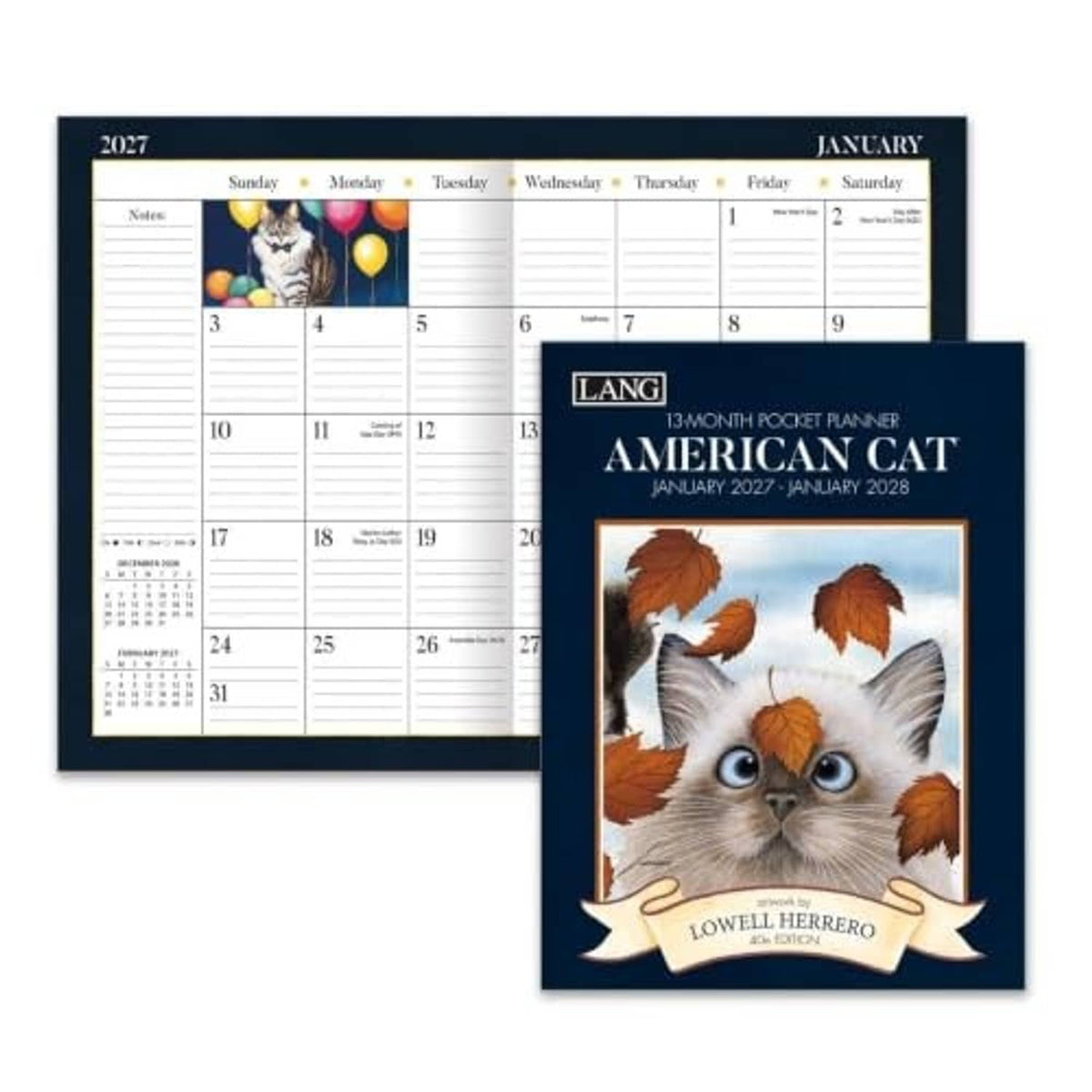 Lang 13-month pocket planner with navy cat cover and open calendar page behind it