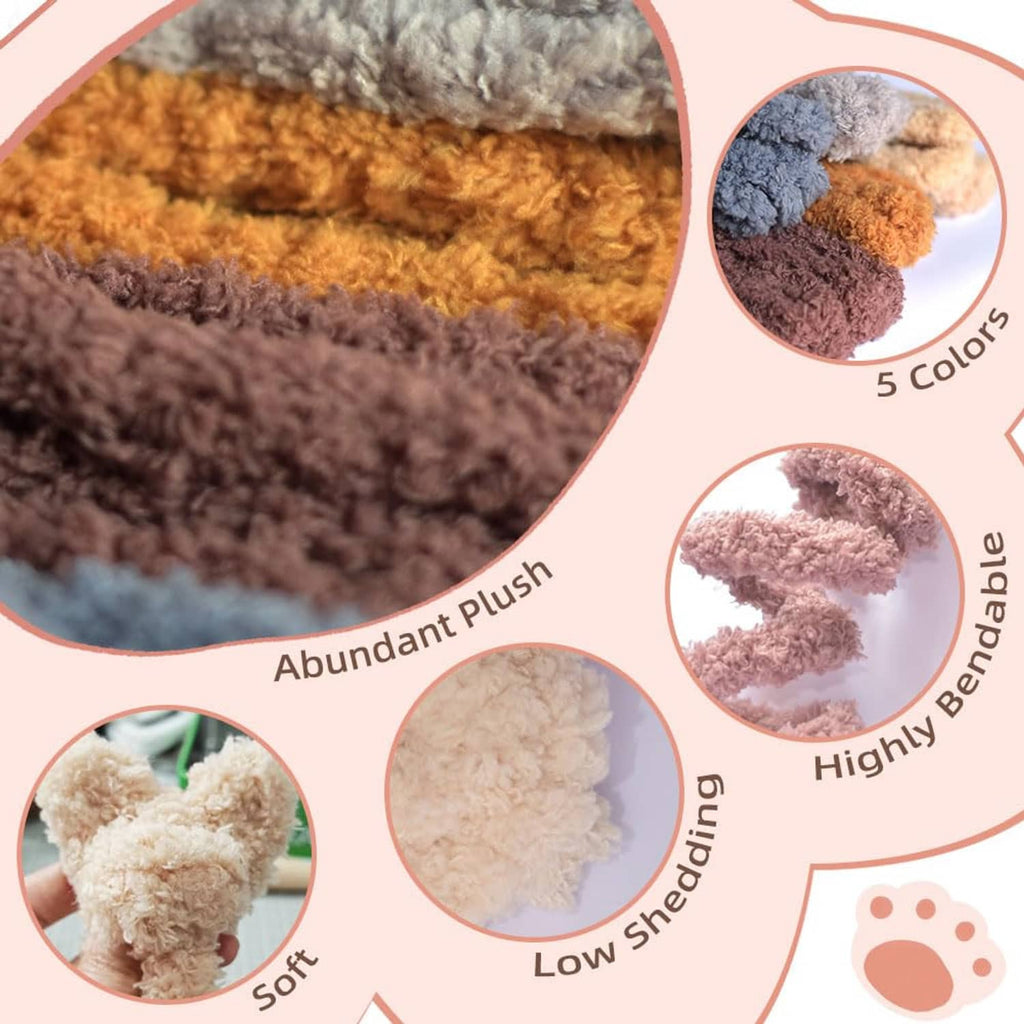Assorted jumbo chenille pipe cleaners in five colors, close-up fuzzy texture