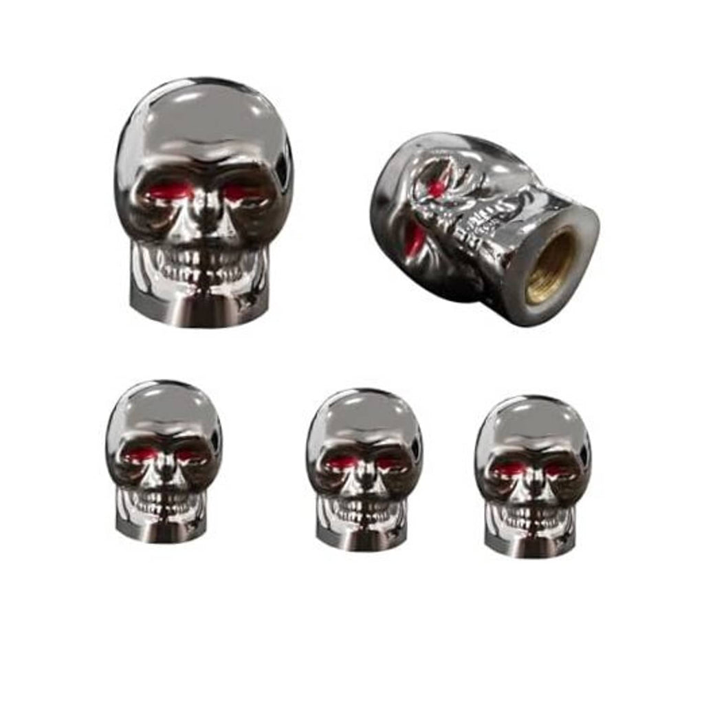 Set of five chrome skull tire valve stem caps with red eyes and rubber seals