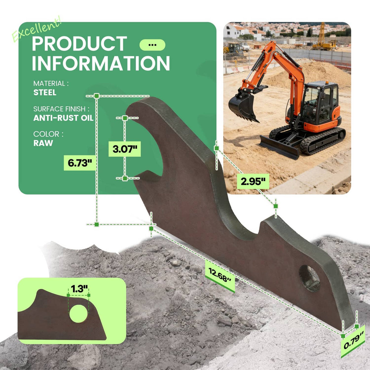 Bucket ear attachment showing steel material, anti-rust oil finish, and round mounting hole
