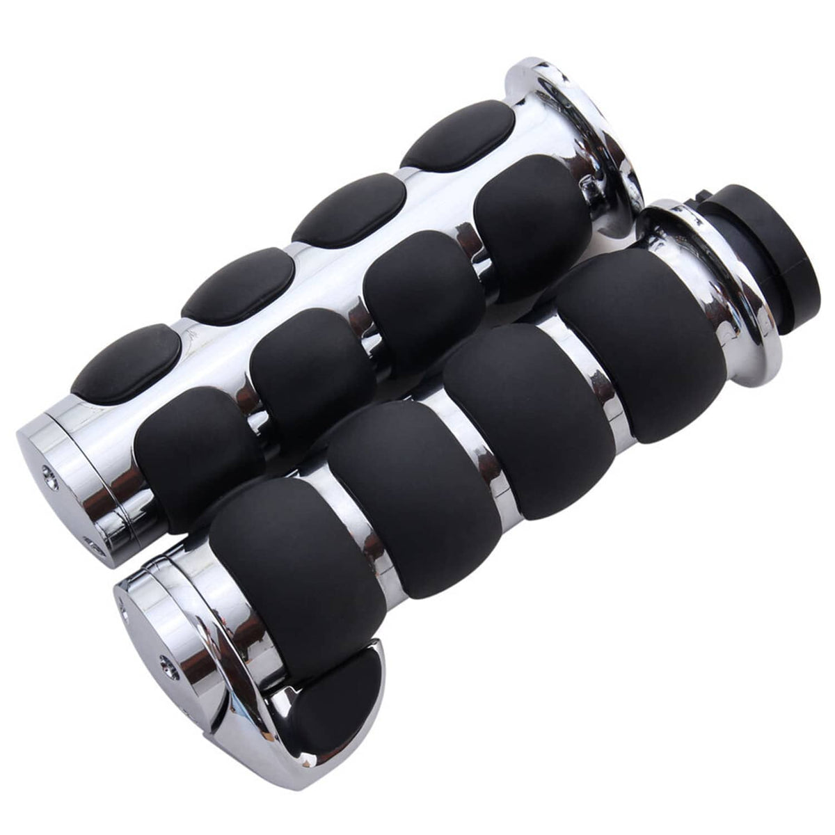 Motorcycle hand grips, black rubber segments with shiny chrome collars and ends