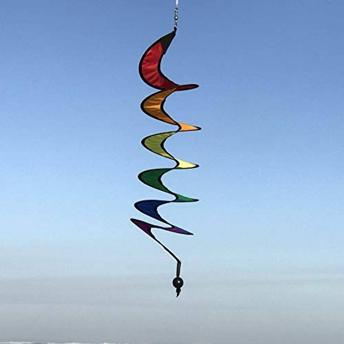 Rainbow spiral hanging wind spinner with multicolor zigzag vanes, top loop and black bead
