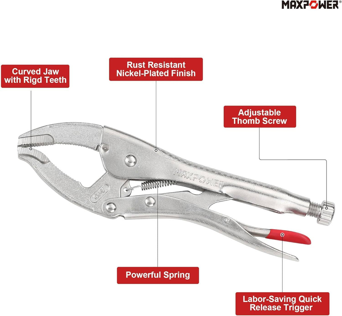 Curved jaw locking pliers with rust-resistant nickel-plated finish and adjustable thumb screw