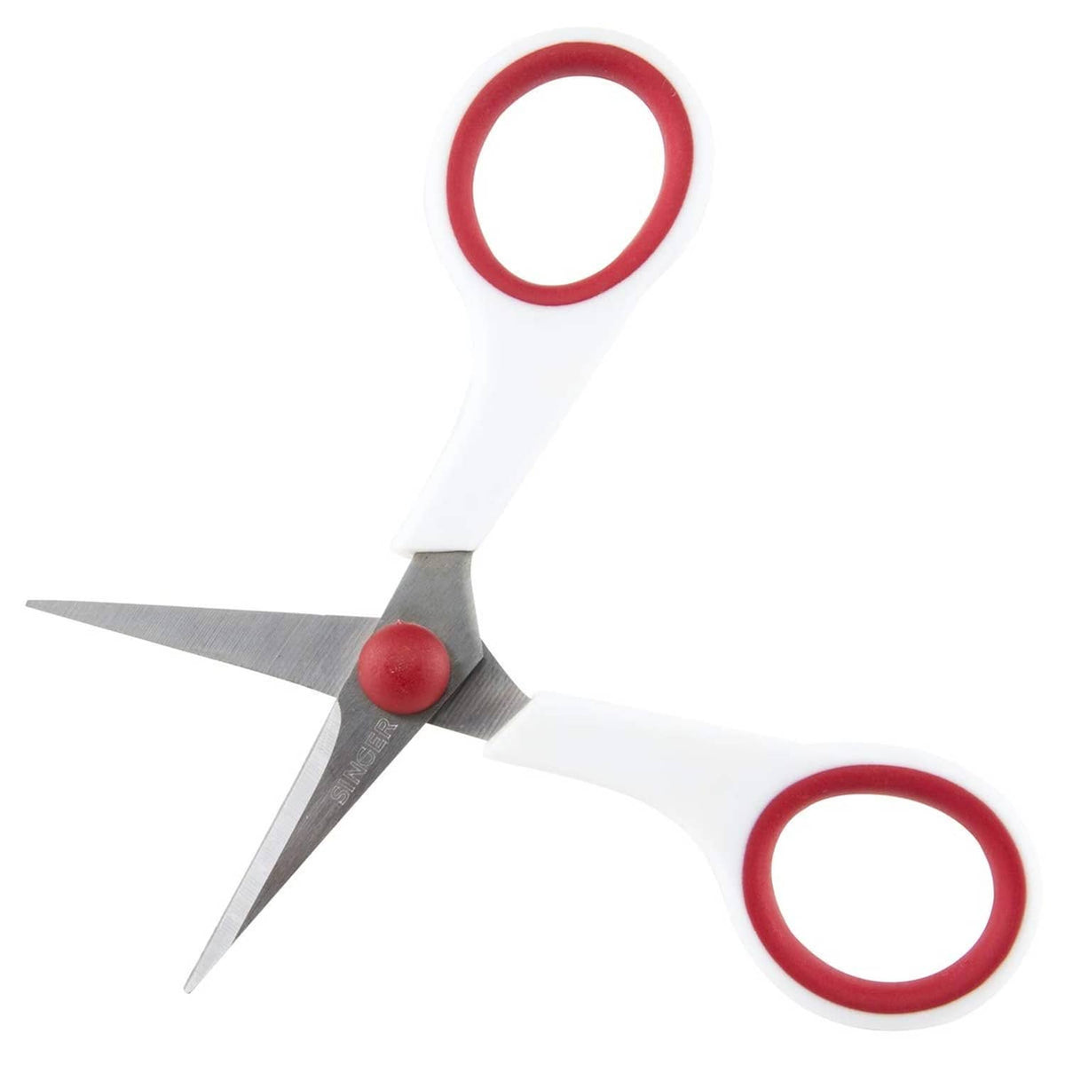 Singer scissors with red finger loops, white handles, and pointed gray blades