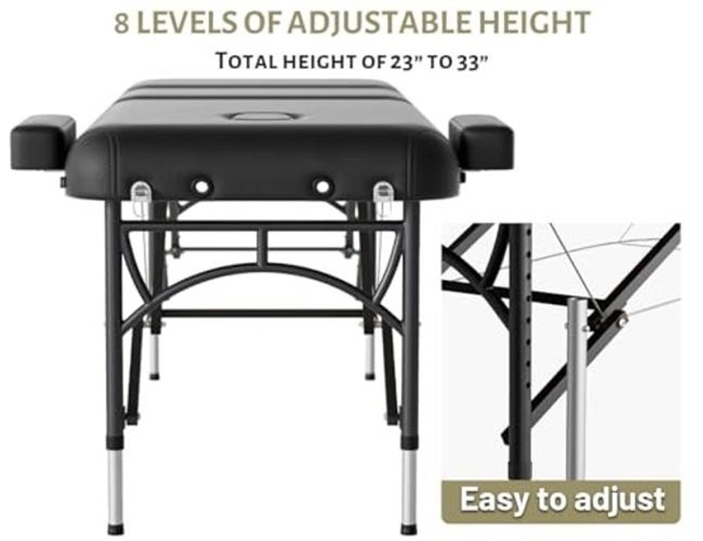 Adjustable-height massage table with black armrests and padded base on folding legs