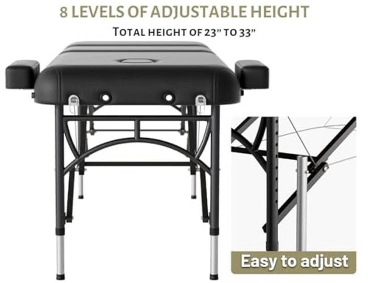 Adjustable-height massage table with black armrests and padded base on folding legs
