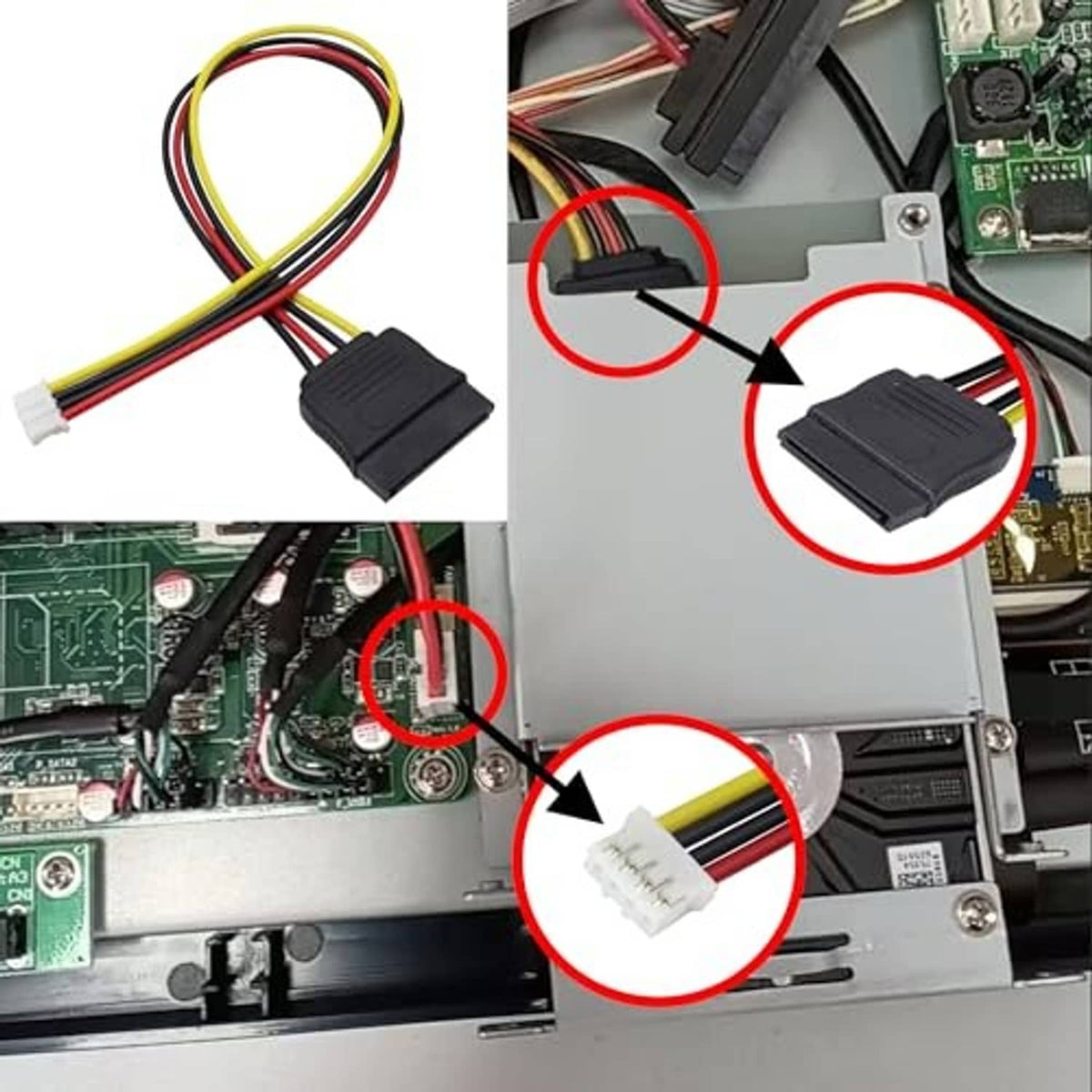 SATA power adapter cable connected to motherboard power header with multicolor leads