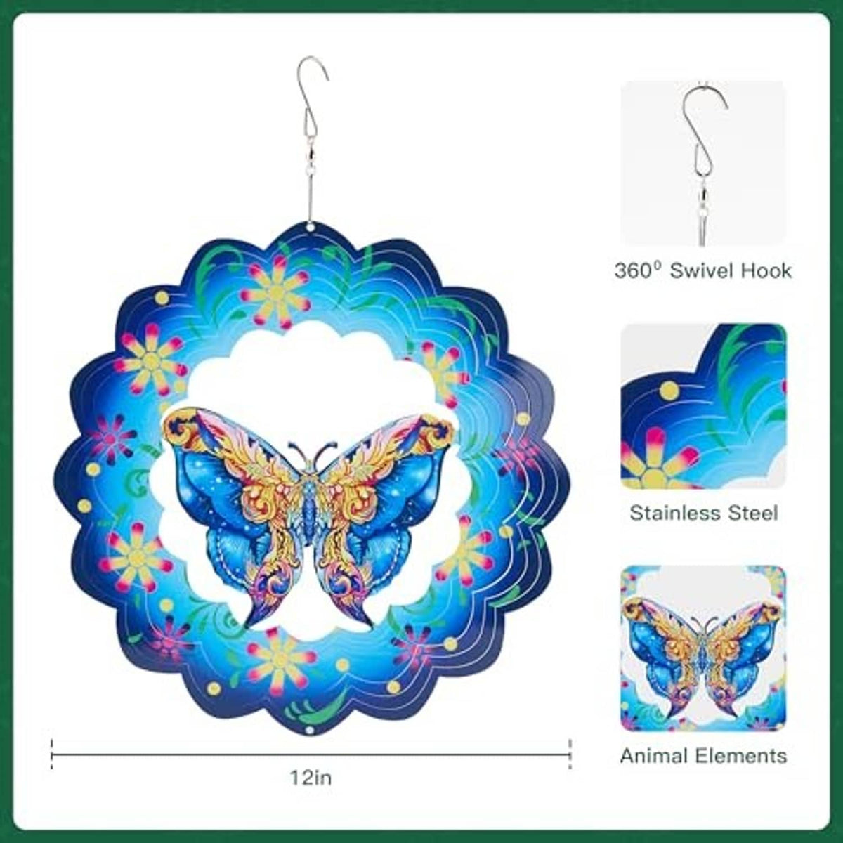 3D butterfly wind spinner with multicolor blue butterfly and stainless steel hanging hook