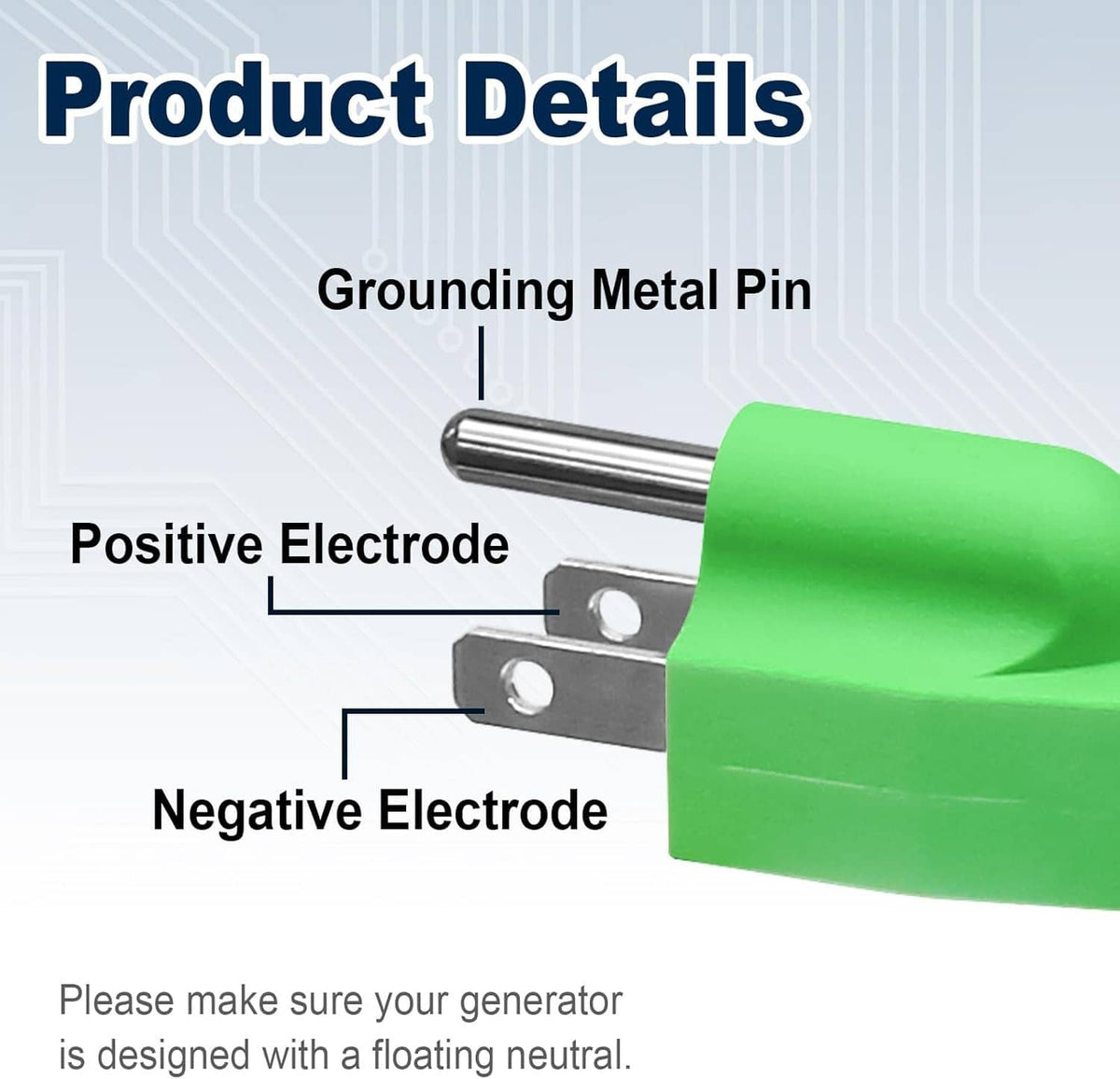 Green grounding plug showing metal grounding pin and two electrode contact blades