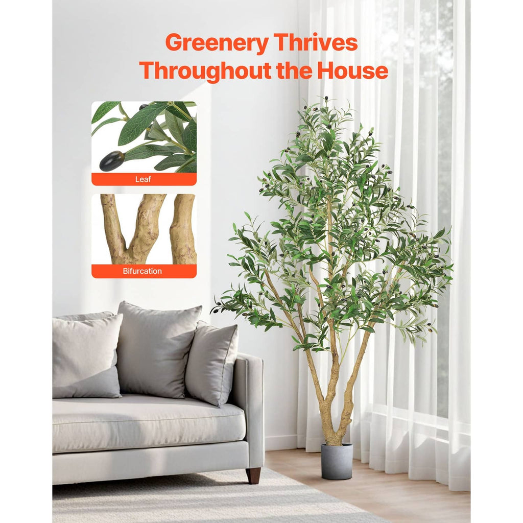 Tall artificial olive tree with dense green foliage and a black pot