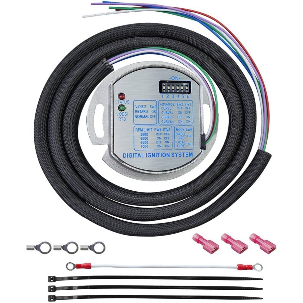 Digital ignition module kit with coiled harness, controller unit, probes, and connectors