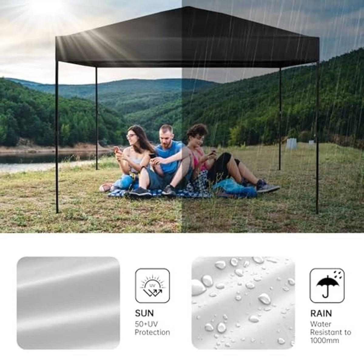 Black tent canopy top cover with UV 50+ and water-resistant protection icons