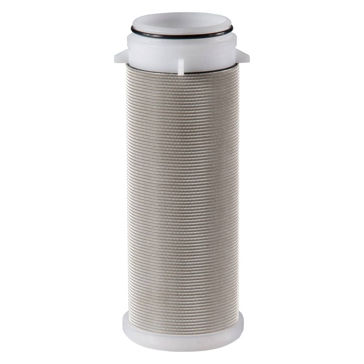 White spin-down sediment filter cartridge with metal mesh screen and top cap